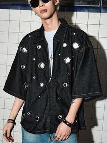 ROMWE MEN Street Life 男士玉米眼飾拉鍊休閒百搭日常旅行牛仔外套 - 藍色 - 查看 8