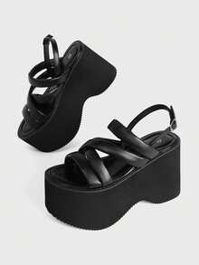 Sugerpunk Sandal wedges kasual dan bergaya untuk wanita dengan ujung terbuka, skema warna gelap bergaya punk gothic, dan gesper pergelangan kaki elastis dari logam. - Malam Bersinar Hitam - View 5