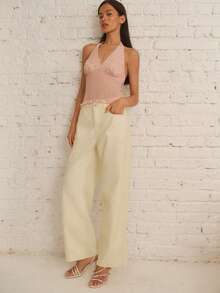 lacRébo Cream White Mid-Rise Relaxed Staight Leg Jeans With Five-Pocket Construction Cotton Brunch Summer Casual - Light Yellow - View 4