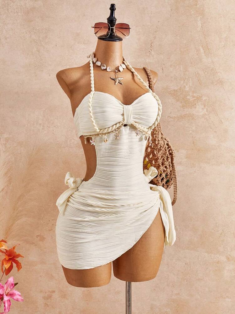 Bellisia 26 Summer Vacation Apricot Vintage Square Neck Slimming Braided Rope Starfish Shell Halter One-Piece Swimsuit With Matching Skirt Two Pieces Set - Beige - View! 5