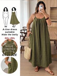 SHEIN CURVE+ Vestido casual suelto con tirantes finos y espalda descubierta con estampado de árbol, adecuado para vacaciones y playa en tallas grandes - Verde - Ver 2