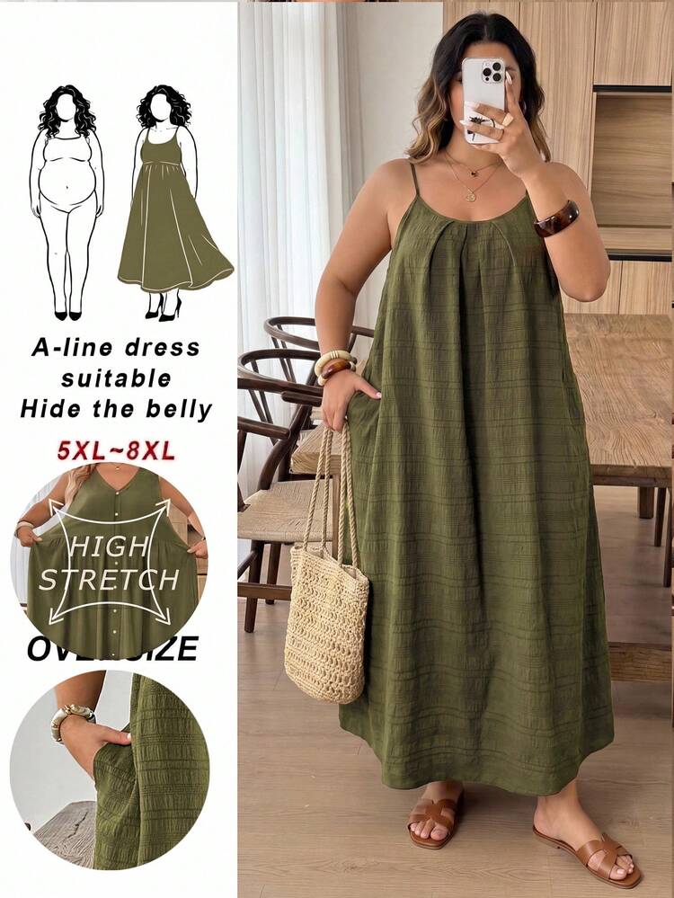SHEIN CURVE+ Plus Size Tree Pattern Spaghetti Strap Backless Loose Casual Dress, Suitable For Vacation And Beach - Green - View 1