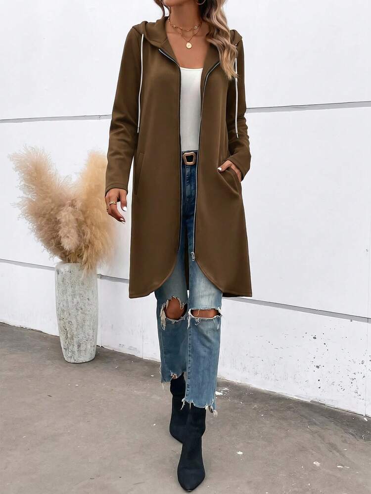 SHEIN LUNE Women's Solid Color Zipper Hooded Long Casual Jacket Suitable For Spring Autumn Drawstring Pockets Regular Fit Minimalist Travel Coffee Brown - Brown - View 5