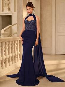 Coutiva Women's Solid Color Patchwork Sequin Mermaid Hem Elegant Formal Evening Gown - Navy Blue - View 1