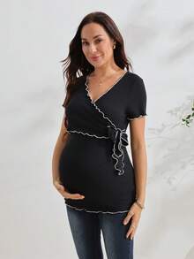 GentleRue Maternity French Style Colorblock Flutter Sleeve Pure Cotton Maternity Top, Ruffle V-Neck Slimming Maternity Blouse, High Elastic Knit Maternity T-Shirt Summer Wear - Black - View 5