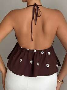 Dazy Plus Summer Vacation Style Floral Embroidered All-Over Print Spaghetti Strap Camisole Minimalist Sexy Casual Early Autumn Tank Top Going Out Tops - Brown - View 2