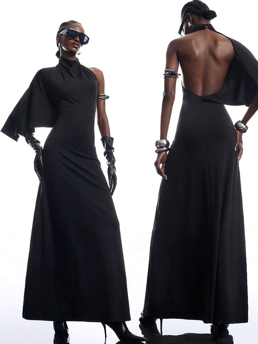 LYSMO 2026 New Arrive Minimalism Summer Fashion Solid Color Stand Collar Asymmetric Long Dress Casual Outfit For Women - Black - View 1