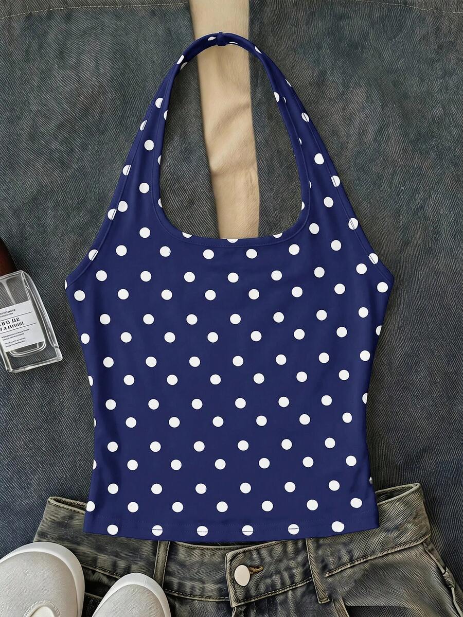 SHEIN Tween Girl Polka Dot Print Fitted Cropped Halter Tank Top - Blue - View 1