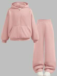 SHEIN Tween女孩休閒夏威夷風保守老錢風純色拉鍊連帽衛衣褲套裝，適合職業日、夜校、茶會、度假，珊瑚色夏季款 - 粉色 - 查看 11
