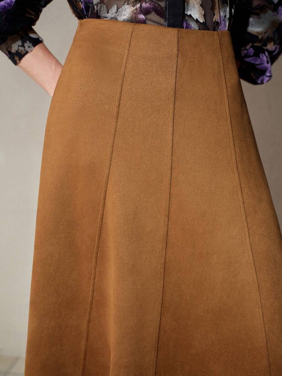 MOTF PREMIUM ELEGANT SUEDE-LIKE FLARED LONG SKIRT, AUTUMN/WINTER - Khaki - View 2