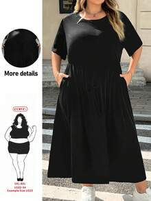 SHEIN CURVE+ 大尺碼純色圓領短袖腰部綁帶口袋休閒洋裝，2026秋冬 22W - 黑色 - 查看 1