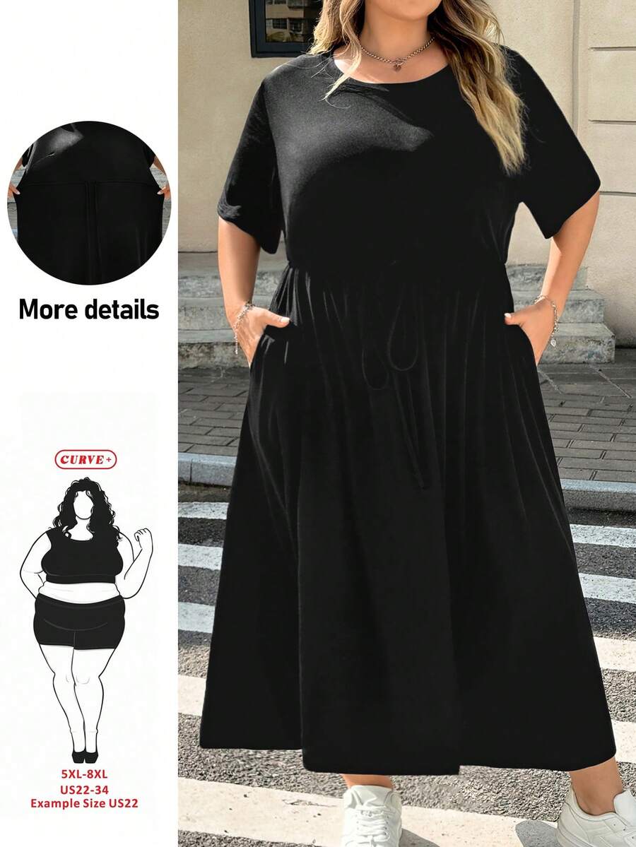 SHEIN CURVE+ 大尺碼純色圓領短袖腰部綁帶口袋休閒洋裝,2026秋冬 22W - 黑色 - 查看 1