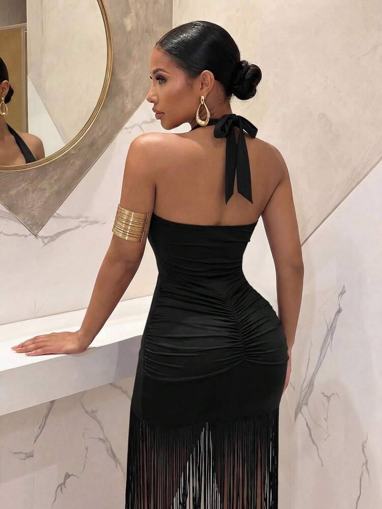 Slaydiva Halter Neck Deep U-Neck U-Neck Double-Sided Ruched Tassel Hem Brown Maxi Dress, Summer New Music Festival Valentine's Day Easter Wedding Season Beach Vacation Casual Elegant Daily Wear, Beach Party Cruise Party Y2K Sexy Women's Extra Long Dress - Black - View 8