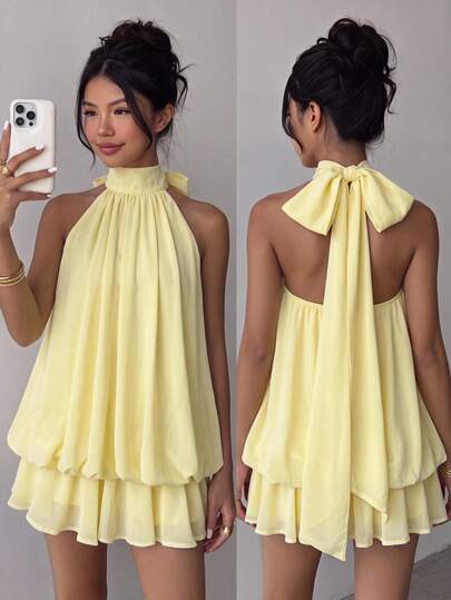 SHEIN Girlism Teen Girl Teen Girls Partywear Spring Summer New Elegant Light Yellow Chiffon Spaghetti Strap Spaghetti Strap Tie Bow Short Mini Dress, Summer Tropical Flowy Doll Dress, Summer Dress, Graduation Party