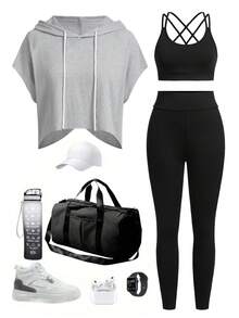 Velisys Velisys Set de 3 piezas que incluye: Sudadera holgada corta en blanco, camiseta ajustada en beige y pantalones ajustados en beige - Conjunto de ropa deportiva para mujer - Multicolor - Ver 3
