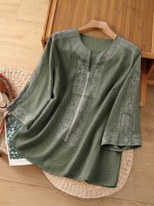 Rusticease 大尺碼女款休閒白色鏤空刺繡襯衫，秋季服飾 - 綠色 - 查看 1