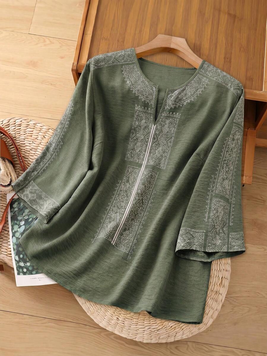 Rusticease 大尺碼女款休閒白色鏤空刺繡襯衫,秋季服飾 - 綠色 - 查看 1