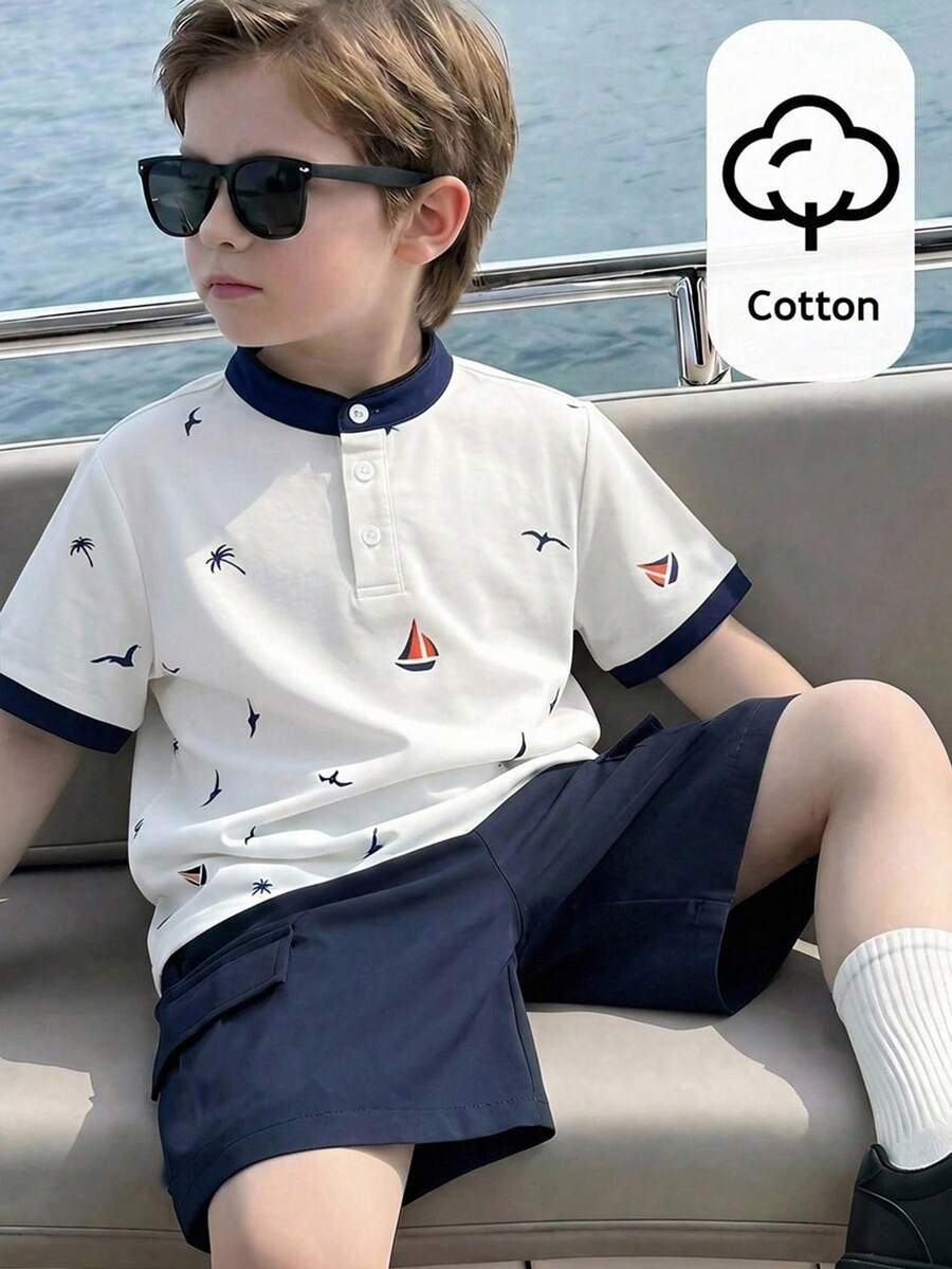 SHEIN 兒童小男孩白色立領夏季島嶼小印花馬標短袖POLO衫與深藍色短褲套裝