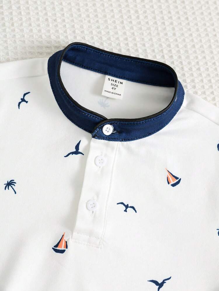 SHEIN Kids Young Boys White Stand Collar Summer Island Small Print Pony Logo Short Sleeve POLO Shirt & Navy Blue Shorts Set - Multicolor - View 3