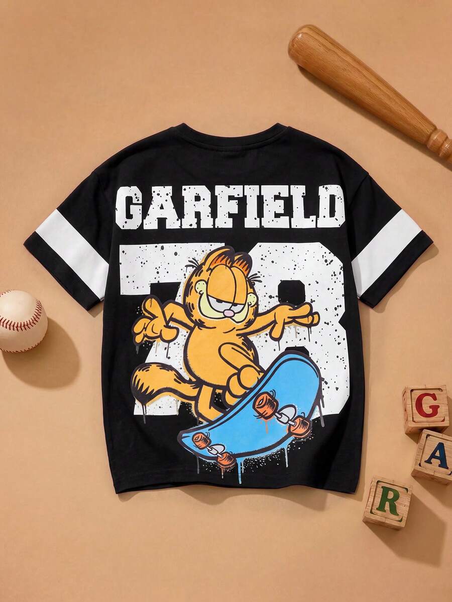 GARFIELD | SHEIN Young Boy Summer Casual Letter & Cat Print Round Neck Short Sleeve T-Shirt - Black - View 1