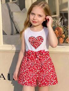 SHEIN Vintaside Kids 年轻女孩碎花连体裤，休闲假日风格 - 酒紅色 - 查看 4