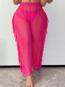Slaydiva New Year Party Fringe Trim Design Plus Size Women's Cover Up And Pants - Hot Pink - View 5