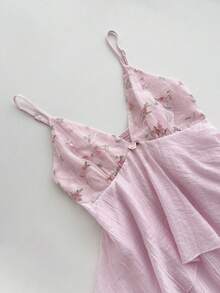 Elamini Summer Casual Cute Vacation Women's Pink Floral Mesh Embroidered Patchwork Rose 3D Flower Decor Backless Spaghetti Strap Puff Multi-Layer Sweet Dress - Pink - View 5
