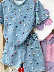 Conjunto de camiseta corta básica y pantalones cortos con estampado de rayas y patchwork floral fresco para niñas - Multicolor - Ver 3