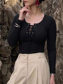 REIGN AVE Plus Size Women Elastic Fitted Crew Neck Cropped Lace-Up Design Long Sleeve T-Shirt - Black - View 2