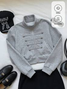 Comfortcana Women's Solid Color Pocket Casual Versatile Daily Long Sleeve Sweatshirt Autumn For Women Back To School Going Out Y2K Top Streetwear - Grey - View 1