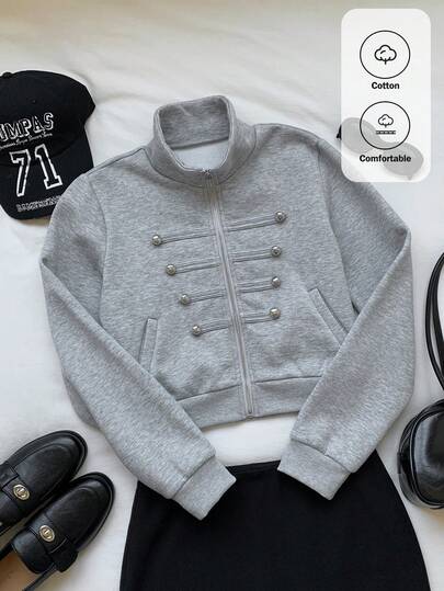 Comfortcana Women's Solid Color Pocket Casual Versatile Daily Long Sleeve Sweatshirt Autumn Outfit For Women Back To School Going Out  Y2K Tops Streetwear