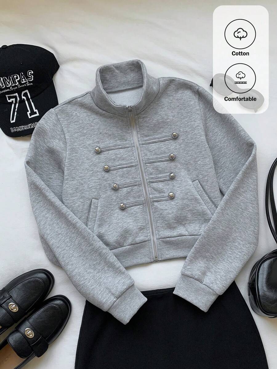 Comfortcana Women's Solid Color Pocket Casual Versatile Daily Long Sleeve Sweatshirt Autumn For Women Back To School Going Out Y2K Top Streetwear - Grey - View 1