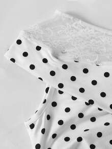 SHEIN 少女夏季優雅蕾絲拼接波點印花不對稱領洋裝 - 黑與白 - 查看 4