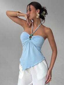 Aloruh Spring/Summer New Sexy Hot Girl Music Festival Party Night Out Vacation Bohemian Light Blue Beaded Cutout Asymmetrical Hem Halter Tank Top - Baby Blue - View 6