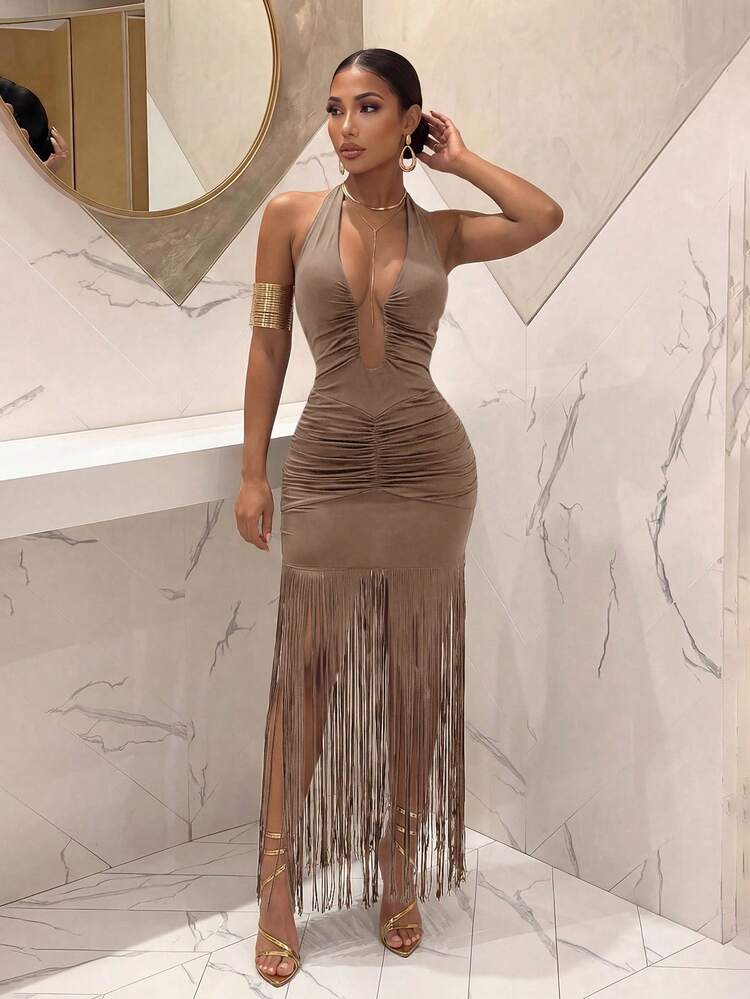 Slaydiva Brown Halter Deep V-Cut U-Neck Double-Sided Pleated Tassel Hem Maxi Dress, Summer New Music Festival Valentine's Day Easter Wedding Season Beach Vacation Casual Elegant Daily Wear, Beach Party Cruise Party Y2K Sexy Women's Long Dress - Khaki - View 9