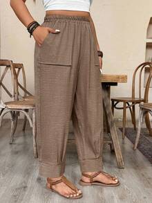 EMERY ROSE Pantalones de lino de unicolor informal de talla grande - Marrón Mocha - Ver 1