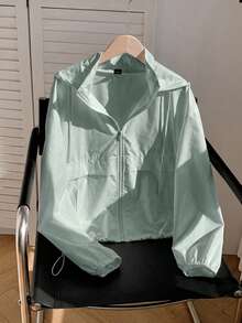 Comfortcana 1pc Solid Color Front Zip-Up Long Sleeve Casual Hooded Sun Protective Lightweight Jacket In Summer/ Hiking Sage Green - Mint Green - View 5