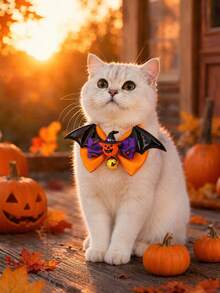 PETSIN 1PC Halloween Bat Wing Bow Tie Pet Collar / Soft Smooth Satin Fabric Halloween Themed Bow With PU Bat Wing Pumpkin Eyeball Decor Adjustable Velvet Neck Strap With Crisp Sound Metal Jingle Bell - Multicolor - View 5
