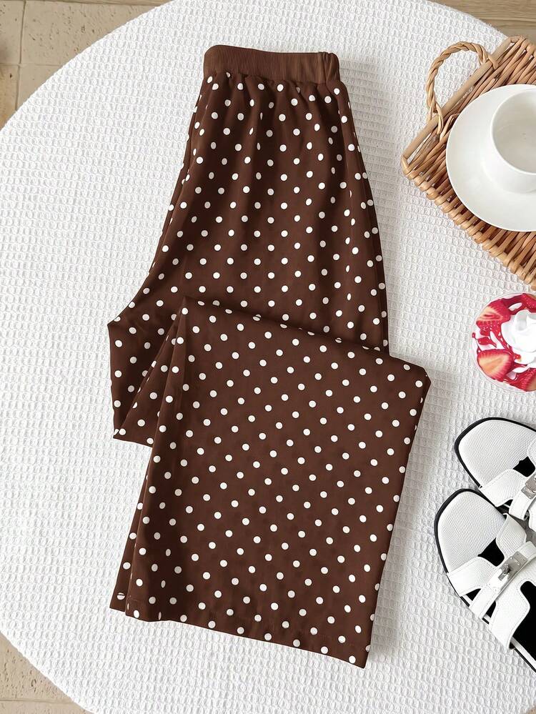 SHEIN Celana Panjang Remaja Perempuan Gaya Vintage Prancis, Pas Badan, Kasual, Minimalis, Nyaman, Motif Polkadot Hitam Putih, Pinggang Bergaris Putih, Potongan Lurus, Pinggang Tengah, Serbaguna - Coffee Brown - View 2