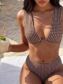 SHEIN SunnyBelle Women's 2 Pieces Summer Beach Brown Plaid Print Wide Strap Top & Bikini Bottom Swimwear Set - Brown - View 2