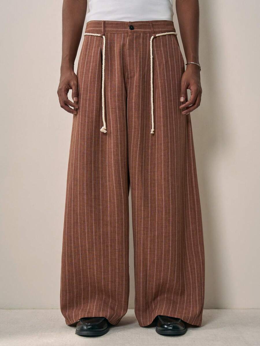 Sonviro Men's Loose Casual Striped Linen Pants For Summer Holiday Wide Leg - Brown - View 1