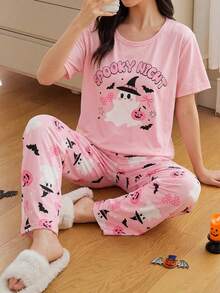 Tween Girl Letter Print Short Sleeve Top And Pants Pajama Set - Pink - View 10