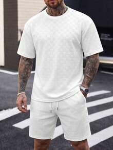 Manfinity CasualCool Men's Solid Color Short Sleeve T-Shirt And Shorts Set - White - View 3