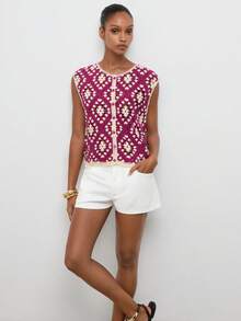 Maija Women's Summer Handmade Crochet Single-Breasted Knit Top Vacation Magenta Retro Casual - Pink - View 5