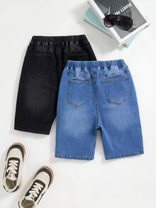 2件裝青少年男孩時尚休閒黑色彈性緊身牛仔短褲，適合電音派對、畢業季、返校季、夏季 - 彩色 - 查看 2
