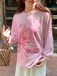 DAZY 女款花卉印花圓領休閒落肩長袖T恤 秋季 - 粉色 - 查看 4