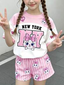 Tween女孩休閒極簡可愛亮面質感卡通小貓圖案，粉色蝴蝶結，粉色與白色條紋，短袖與短褲2件套夏季套裝，圖案設計，Kawaii，Y2K，舒適，女孩套裝，針織面料 - 彩色 - 查看 2