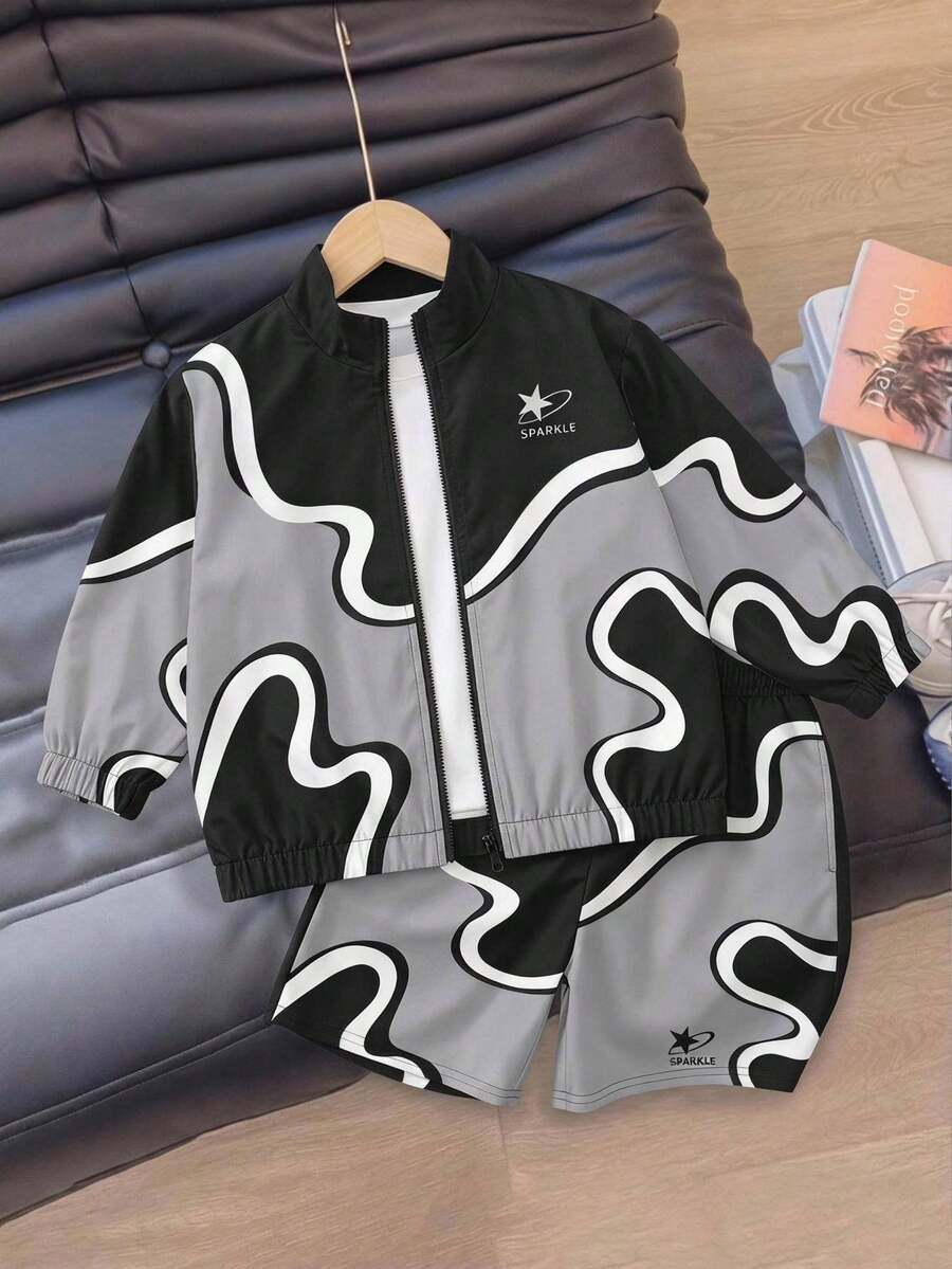 SHEIN Coolqubz 小男孩星星圖案拼色拉鍊長袖上衣與短褲休閒日常兩件套 - 黑色 - 查看 1