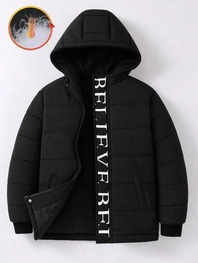 1pc Teen Boy Fashion Thermal Lined Hooded Fur Collar Cotton Padded Coat, Loose Fit, Stylish For Autumn/Winter, Suitable For Outdoor, Travel, School And Various Occasions, Essential Hot-Selling Item For Boys