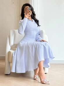 Feyla Women's Solid Color Long Sleeve Pleated Hem Elegant Dress - Blue - View 2